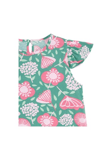 Denokids Pembe Çiçekli Kız Çocuk Yeşil Fırfırlı Elbise Pembe