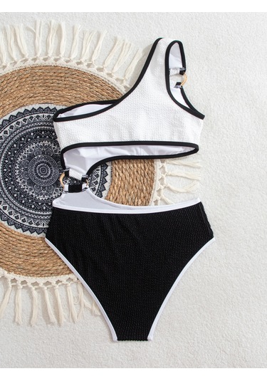 Yaz Patlamasımmodelleri Yüksek Bel İnce Tek Omuz Tek Tek Parça Mayo Metal Halka Degoratifi Darbe Renk Diişbikini Akımım Elbise Kadını Plaj Taatil Geçmezi Beyaz - Siyah