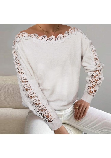 Vonda Kadın Sonbahar Dantel Yuvarlak Yaka Uzun Kollu Kazak Kazaklar Beyaz