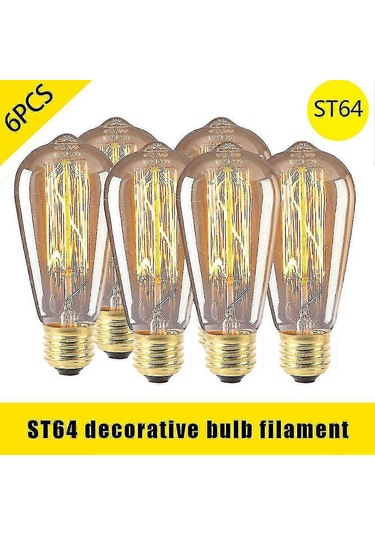 6 Adet Vintage Retro St64 E27 Edison Ampul, 40w Filament Ampul, Sıcak Beyaz - Sıcak Parıltılı Klasik Aydınlatma Diğer