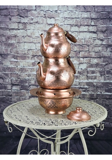Gül Çiçek Eskitme Bakır Çaydanlık ve Osmanlı Ocağı Bakır