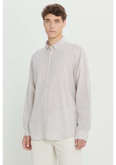 Erkek Bej Comfort Fit Rahat Kesim Düğmeli Yaka Keten Gömlek Bej
