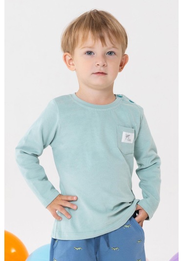 Breeze Erkek Bebek Uzun Kollu Tişört Cool Yazı Armalı Cepli 9 Ay-3 Yaş, Su Yeşili Su Yeşili