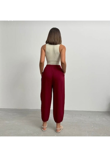 Keten Yumoş Günlük Rahat Kapi Pantolon Bordo