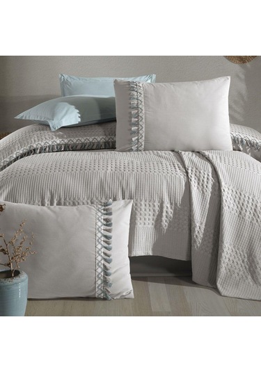 Clasy %100 Pamuk Çift Kişilik Pike Takımı Bohamline Açık Gri