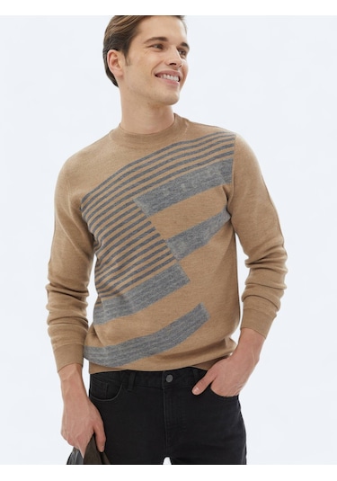Deve Tüyü Bisiklet Yaka Desenli Yün Karışımlı Triko Kazak Bej