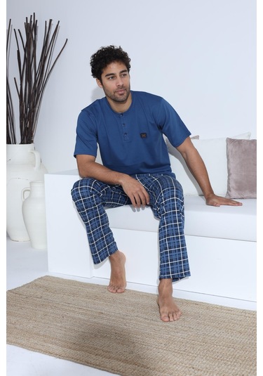 Erkek 70034 Kısa Kol Yaka Düğmeli Pijama Takımı Mavi Mavi
