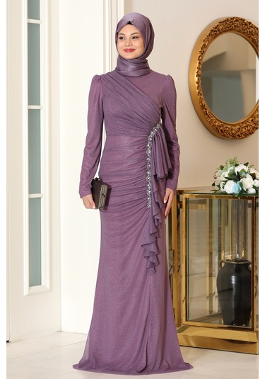 Parıltılı Fırfır Detaylı Zühre Tesettür Abiye Lavanta