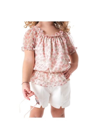 Çiçekli Bluzlu Kız Çocuk Şortlu Takım Krem