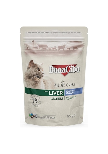 Bonacibo Ciğerli Sos İçinde Pouch Yetişkin Kedi Yaş Maması 12 x 85 G