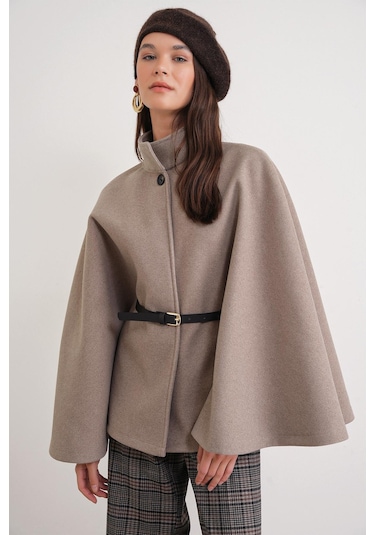 4768 Kadın Kemerli Panço Premium Kaşe Ceket Vizon VIZON