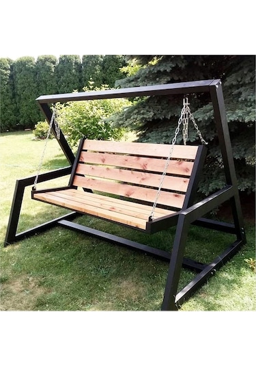 Abronyahediye Salıncak Bahçe Salıncağı Metal Ayaklı Ahşaplı Salıncak Siyah