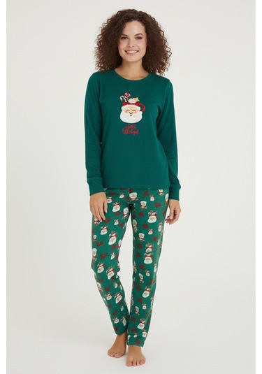 Luxury Thermal Noel Baba Desenli Kadın Polar Kışlık Pijama Takımı 42060 Yeşil