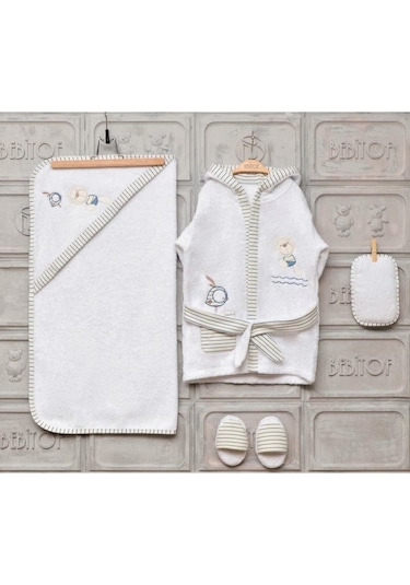 Balonlu Ayıcık Erkek Bebek Bornoz Seti - Beyaz