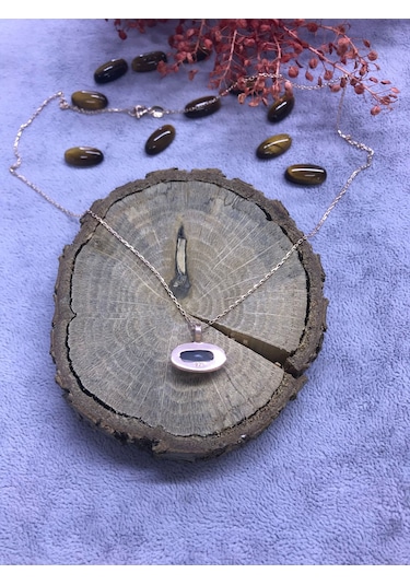 Kaplan Gözü Taşı Gümüş Kolye 925 Ayar Doğal Taş