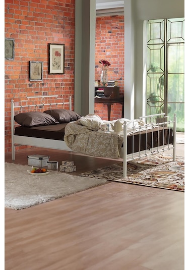 Hatkus Çift Kişilik Ferforje Metal -beyaz Ahşap Latalı Karyola