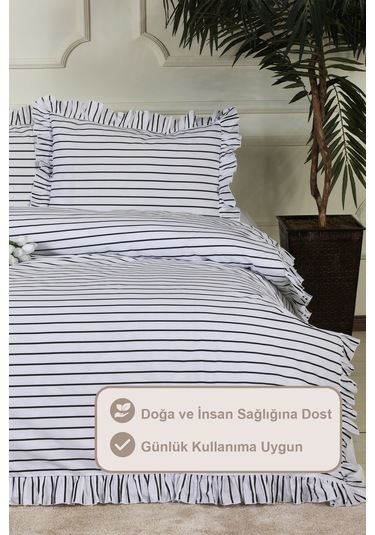 Elart Lara Nevresim Takımı Çift Kişilik Lastikli Çarşaf %100 Pamuk Ranforce Fırfırlı 200x220 Cm Siyah Siyah