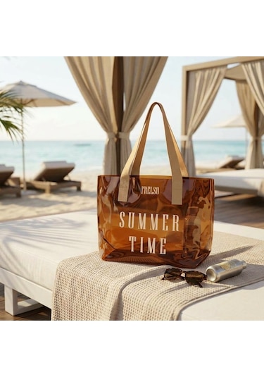 Frelso Şeffaf Plaj Çantası Baskılı Kadın Beach Çanta Kahverengi