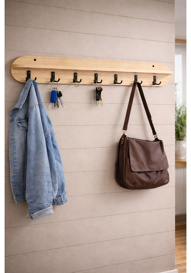 120 Cm 7 Kancalı Oval Kesim Ahsap Renk Duvara Monte Askılık Bal Meşe