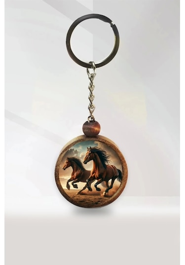 Koşan Atlar Ahşap Anahtarlık Kahverengi