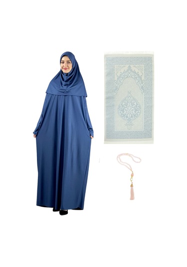 Namaz Elbisesi Eşarp Seccade Tesbih Set, İslami Giyim Takım Ferace Turban Şal İndigo