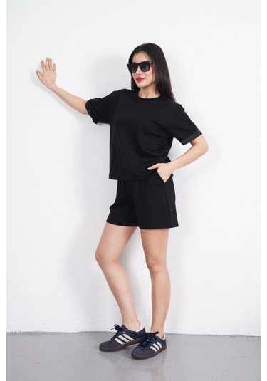Sensuelle Osy Modal Yumuşak Dokulu Kumaş Bisiklet Yaka T-shirt Kısa Şort İkili Takım - Siyah SIYAH
