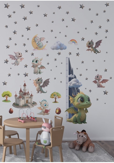 Bebek Ejderhalar Boy Ölçerli Duvar Sticker Seti - Mat, Sökülebilir, Çocuk Odası Dekoru 01