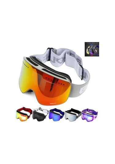 Oldfriend Pembe Çerçeveli Mavi Lens Manyetik Çift Kat Kayak Gözlüğü Anti Fog Snowboard