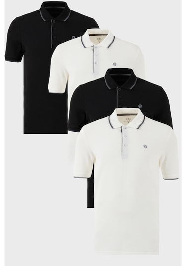 Buratti Pamuklu Slim Fit Şerit Detaylı Düğmeli Polo Yaka 4'Lü Paket Erkek T Shirt 5902118S4 Siyah-Siyah-Beyaz-Beyaz