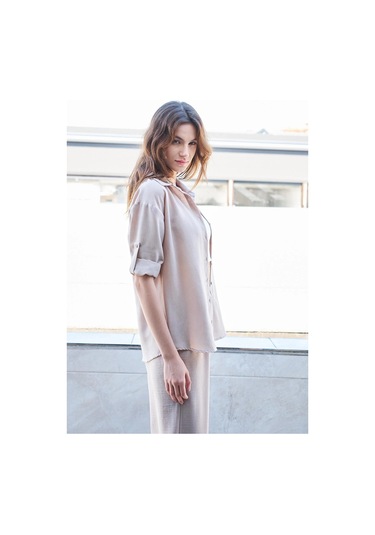 Kadın Keten Düşük Omuzlu Yakalı Kapri Kol Apoletli Gömlek -taş Taş