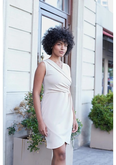 Kruvaze Anvelop Önü Büzgülü Şal Yakalı Kolsuz Likralı Krep Kumaş Elbise-taş Taş