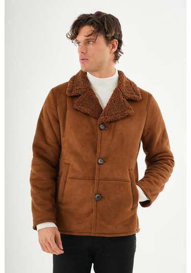 Erkek Regular Fit İçi Kürklü Düğmeli Katlı Yaka Yandan Cepli Klasik Süet Mont Kahverengi