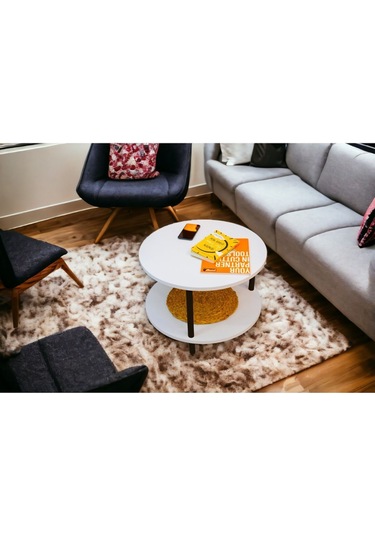 Yüksek Kalite Orta Sehpa 2 Raflı Ahşap Ayaklı Yuvarlak Gazetelikli Dekoratif Lüks Sehpa Beyaz