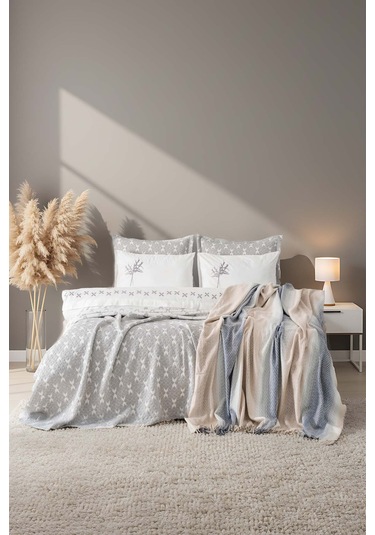 Mode Gri Nakışlı Çift Kişilik Nevresimli Battaniye Seti - 8 Parça Çeyiz Seti Gri