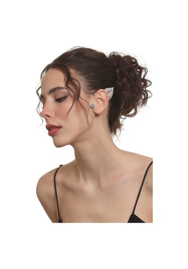 Kadın Gümüş Renk Lak Kaplama Taşlı Dokulu Yaprak Stilizesi Sol Kulak Earcuff & Kıkırdak Küpe Çok Renkli