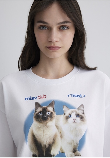 Mavi - Kedi Baskılı Beyaz Tişört 1613098-620 Beyaz