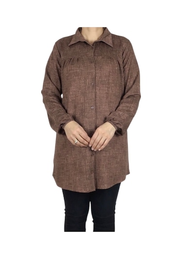 Mevsimlik Kolları Lastikli Boydan Düğmeli Gömlek Bej