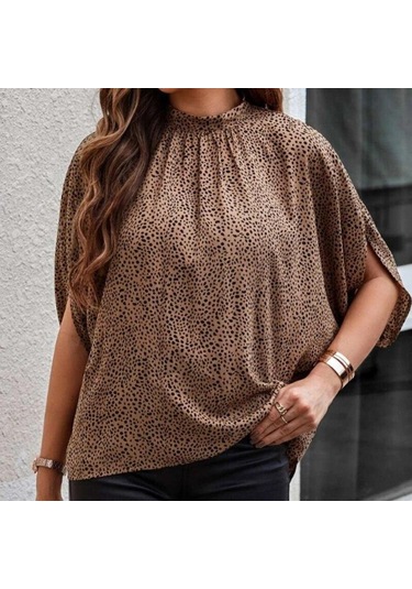 Yaz Dantel-up Leopar Baskı Batwing Kısa Kollu Bluz Zarif Gevşek Rahat Standı Yaka Gömlek Moda Şık Üstleri Kadın 25320 Siyah