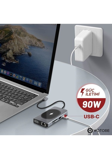 9 Portlu Kablosuz Şarjlı Usb-c Hdtv Hdmı Pd Sd Tf Rj45 Vga Dönüştürücü Adaptör