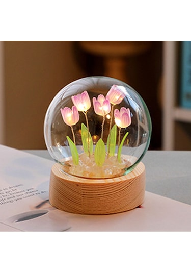 Shineyee Purple Tulip Mini Led Night Light - Dıy Wooden Glass Flower Shape, Soft Lighting, Bedroom Decoration, Creative Gift Set With Built-in Battery Mor