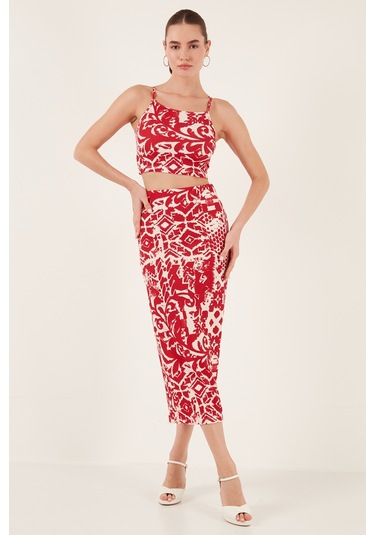 Lela Slim Fit Ip Askılı Yırtmaçlı Midi Alt-Üst Bayan Takım 5865726 Bordo