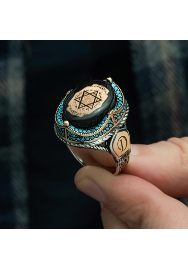 Alyans Evim  Mührü  Süleyman İşleme Sıkma Kehribar Taşlı 925 Gümüş Erkek Yüzük