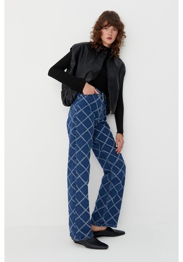 Baklava Desen Jean Pantolon Mavi Mavi