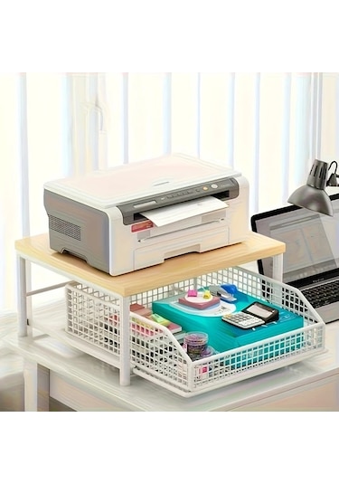 Honeybeeshop Siyah Metal Çerçeveli Ahşap Mikrodalga Rafı 37x26 Cm Çekmeceli Tezgah Düzenleyici