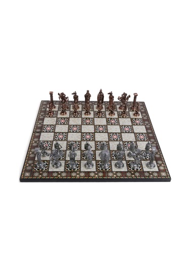 5 No. İngiliz Antik Bakır Satranç Taşları Ve Katlanır Sedef Desen