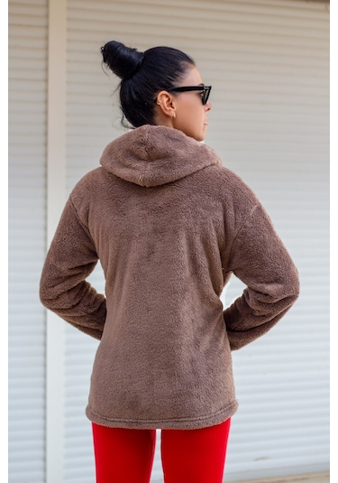 Kadın Vizon Peluş Kalın Fermuarlı Kapüşonlu Cepli Ceket 23kcktmy50 001