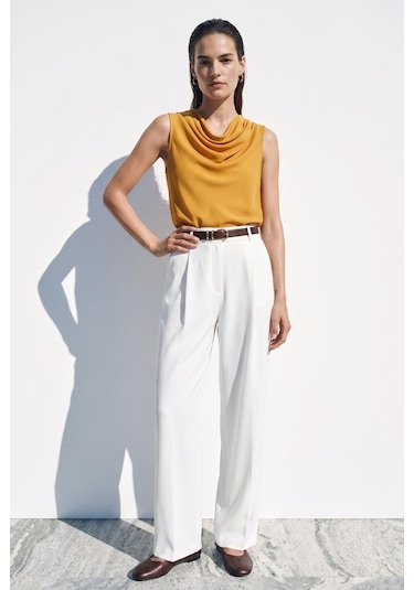 Sateen Degaje Yaka Kolsuz Bluz - Hardal-137384