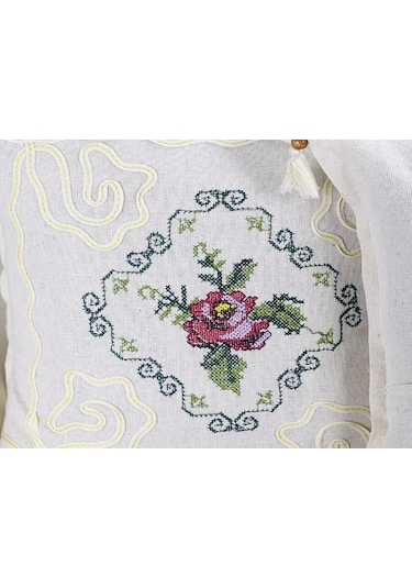 Kanaviçe Işlemeli 2 Li Kırlent Kılıfı Gül Demet-mor Renk