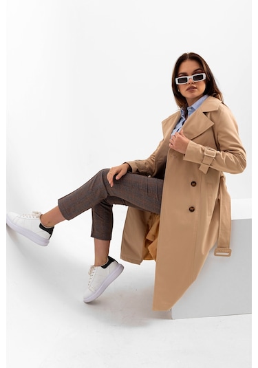 Pastelastore %100 Pamuk Gabardin Uzun 110cm Astarlı Kemerli Kadın Trençkot 1111 Açık Bej