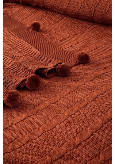 Triko Örme Battaniye Takımı-nakışlı Yatak Seti-tivoli Rosetta Kiremit